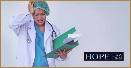 doctor looking at papers with scared expression on face