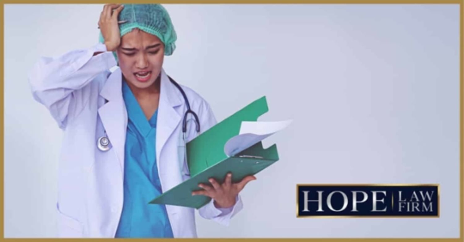 doctor looking at papers with scared expression on face